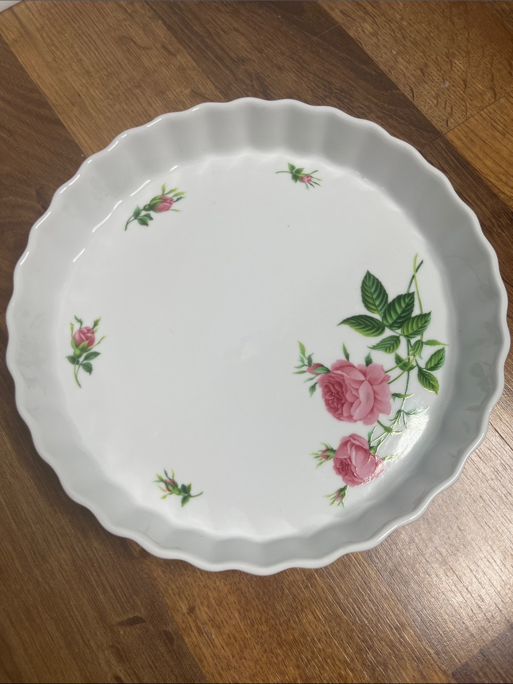 White Porcelain Fluted Quiche Pie Baking Dish Pink Roses Christineholm